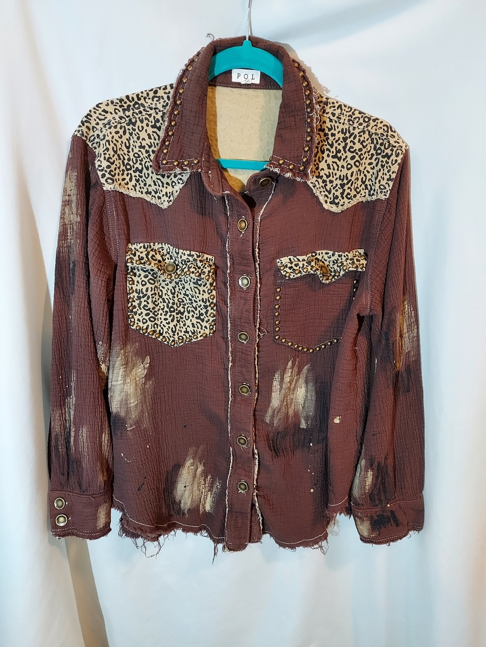 POL Leopard Print Contrast Gauze Western Button Down Shacket Top Blouse S